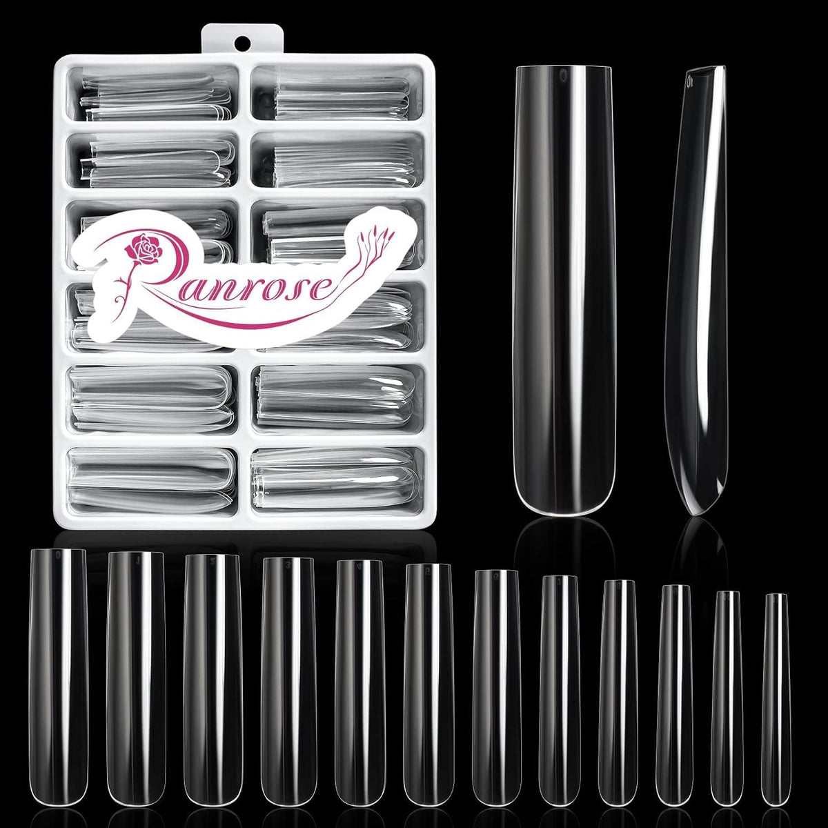 Ranrose uñas XXXL largas y rectas — acabado claro y duradero para uñas caseras.