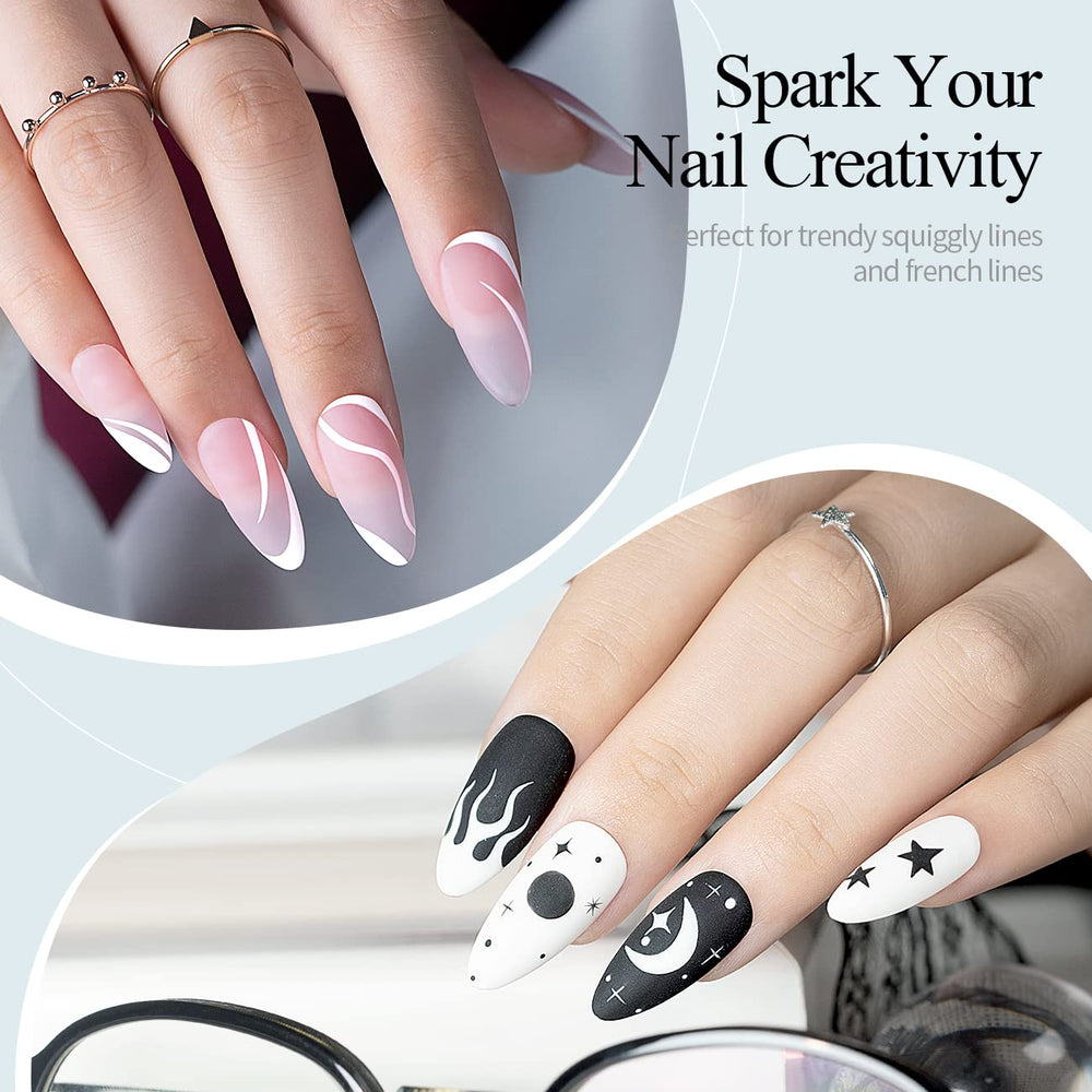 Arte en gel con RARJSM para crear líneas, puntos y patrones en uñas.