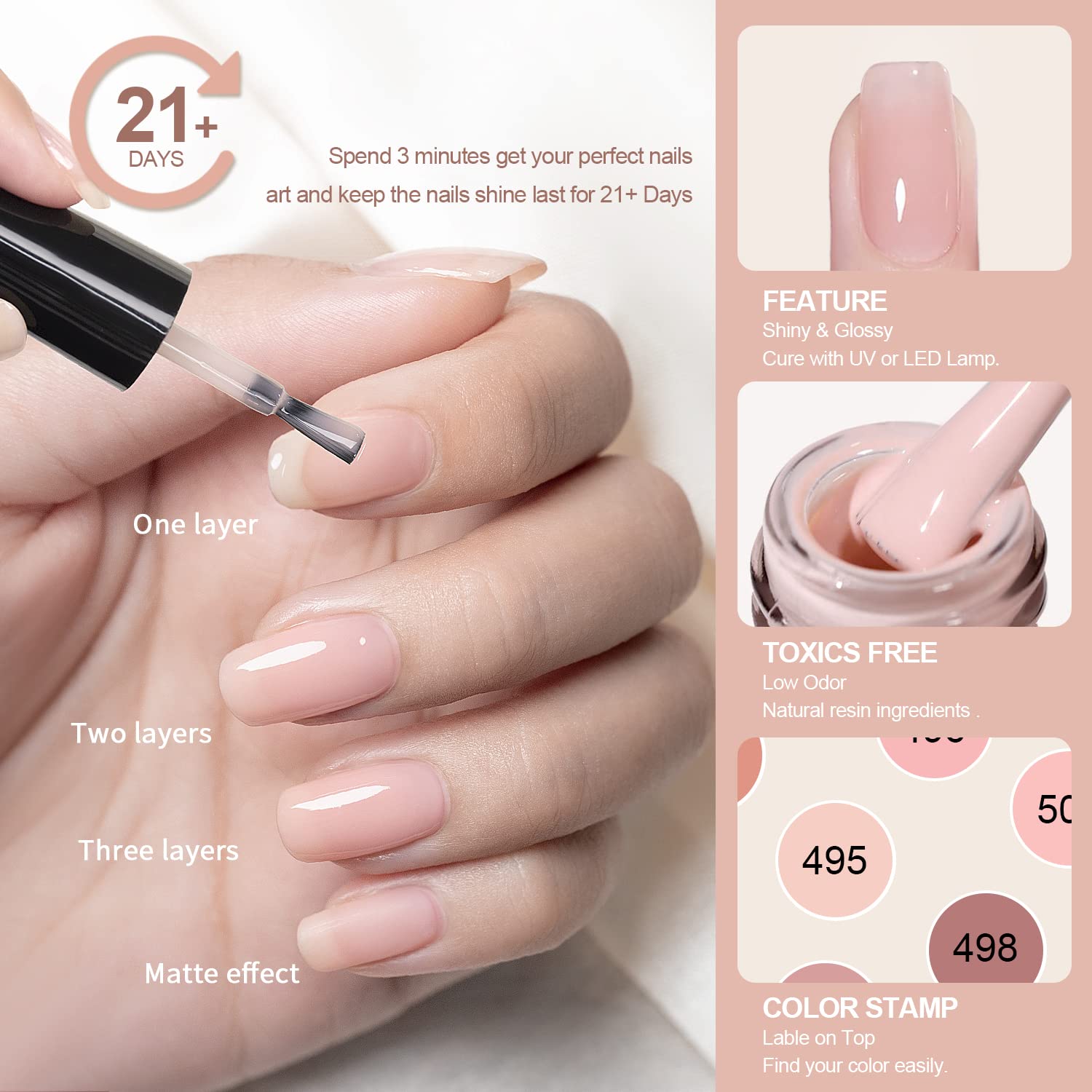 RARJSM esmalte gel nude colección rosa lechoso a marrón suave.