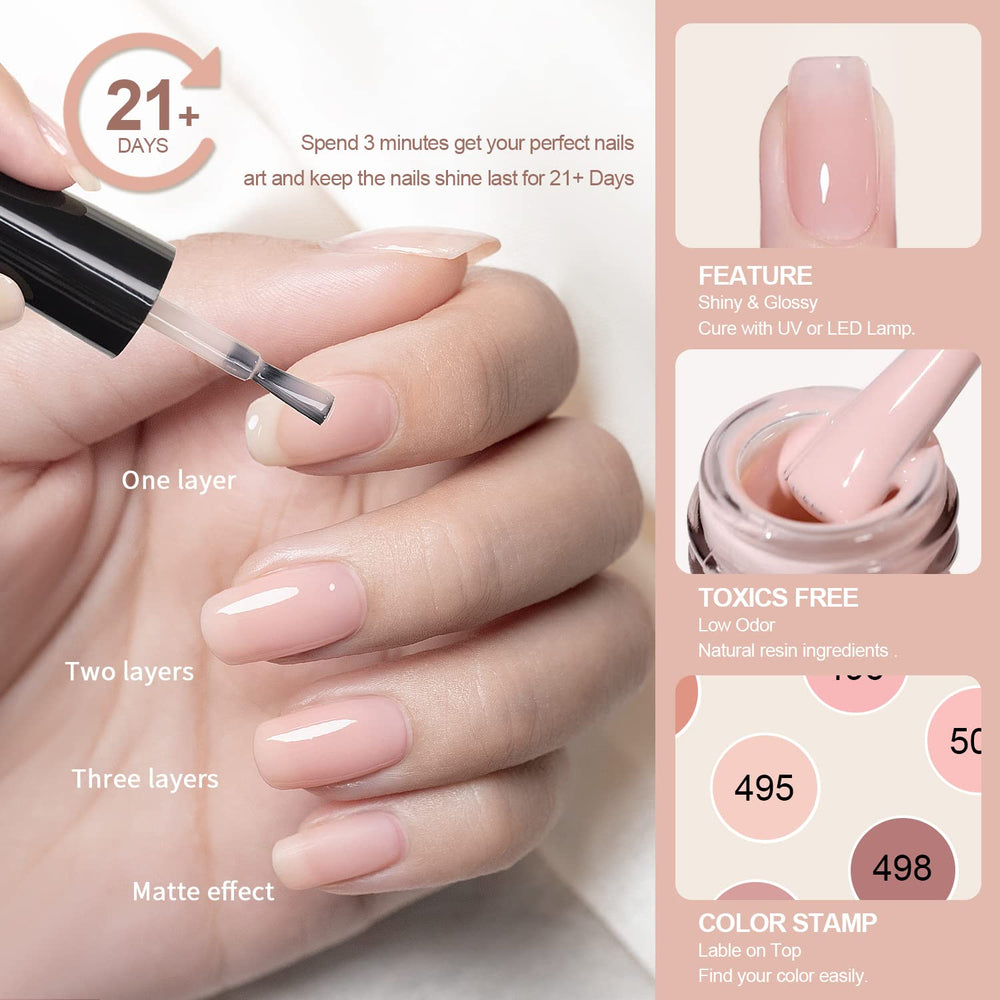 RARJSM esmalte gel nude colección rosa lechoso a marrón suave.