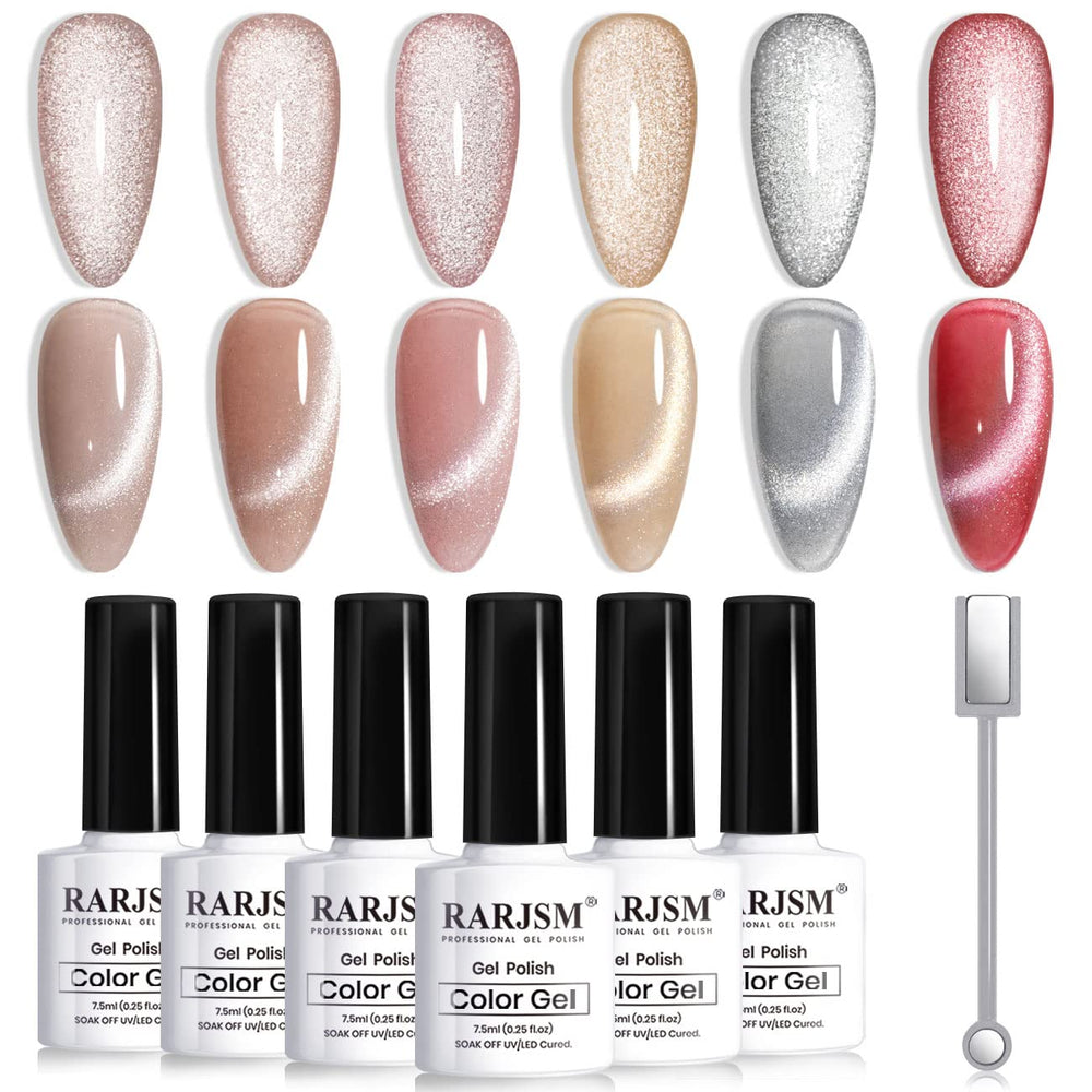 Esmalte gel ojo-de-gato RARJSM con brillo plata para acabado dinámico.