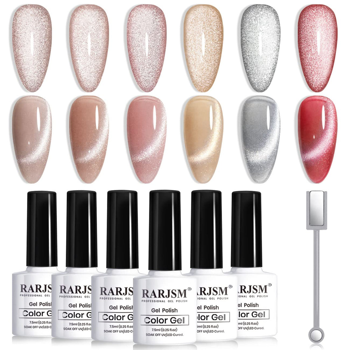 Esmalte gel ojo-de-gato RARJSM con brillo plata para acabado dinámico.