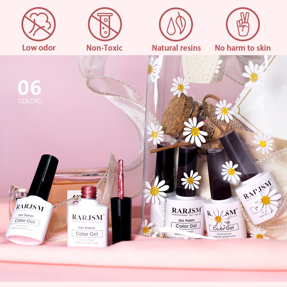 Esmalte gel tono neutro RARJSM con acabado natural y brillo suave.