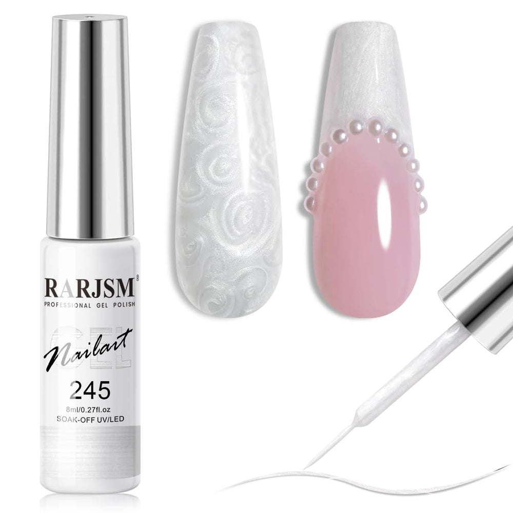 Liner gel blanco perla de RARJSM para delinear uñas con brillo suave.