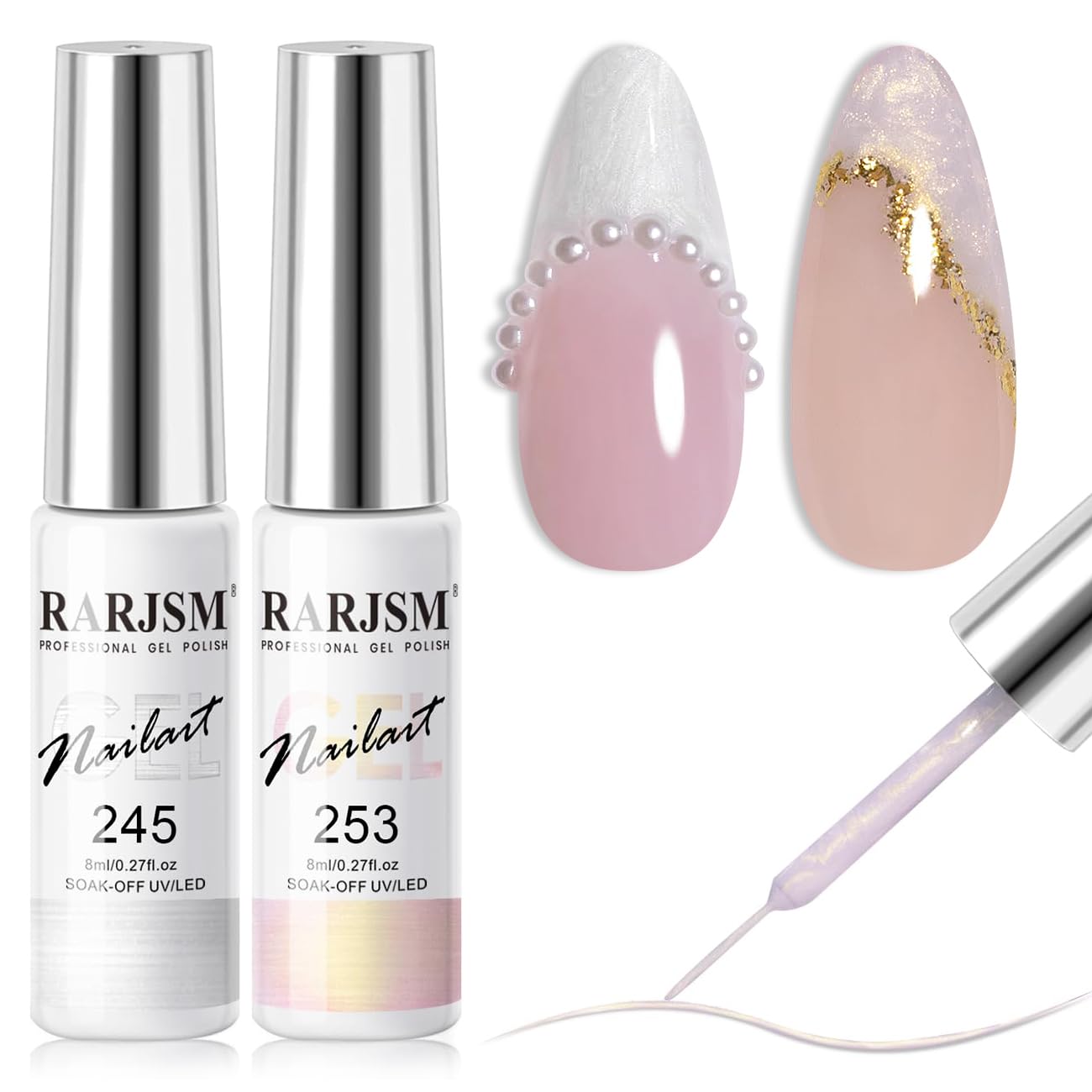 RARJSM Pearl Gel Liner con perlas doradas para un delineado elegante en uñas.