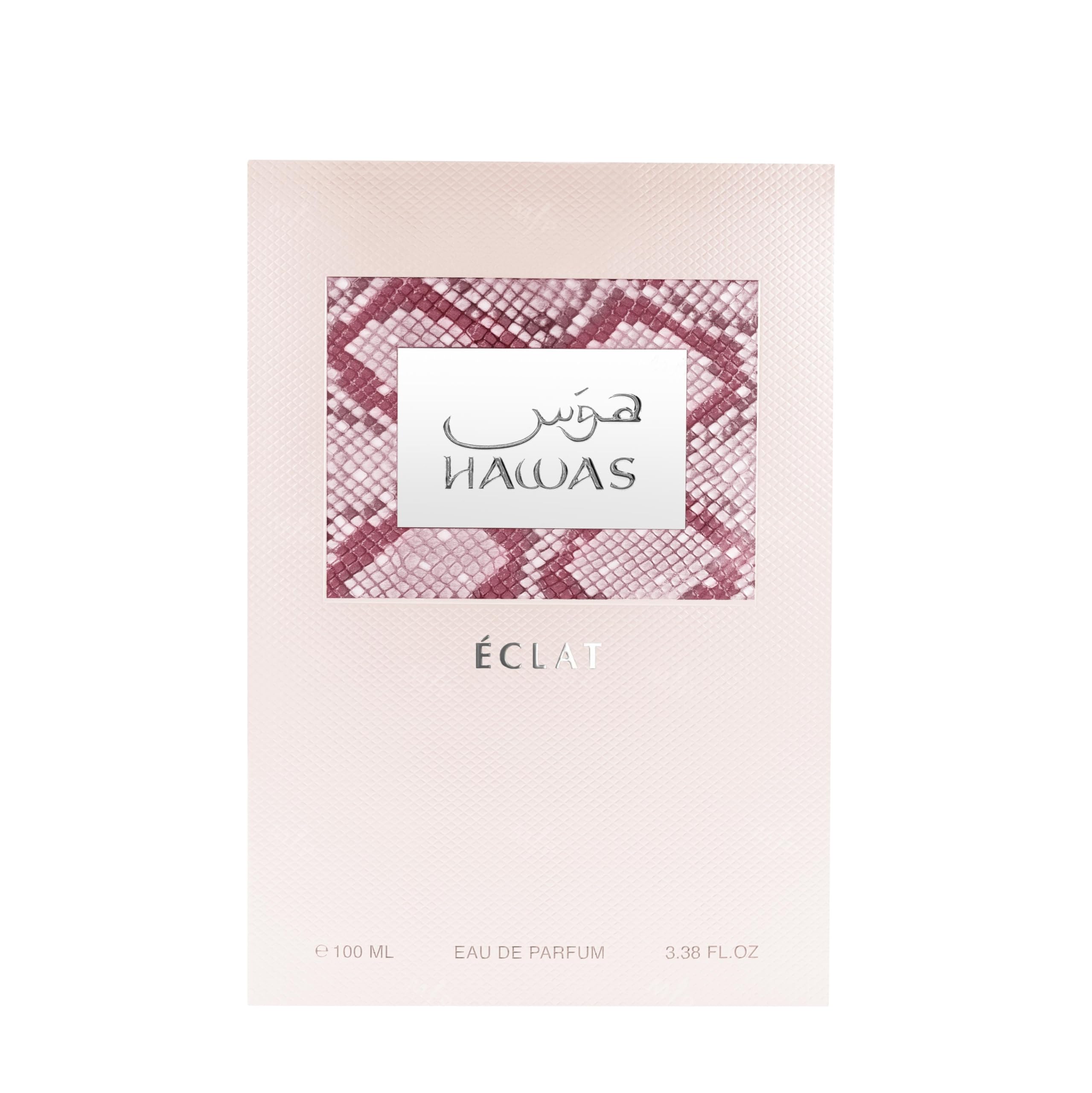 Rasasi Hawas Eclat para Mujer, detalle acento oro-rosado, presentación premium para ocasiones especiales.