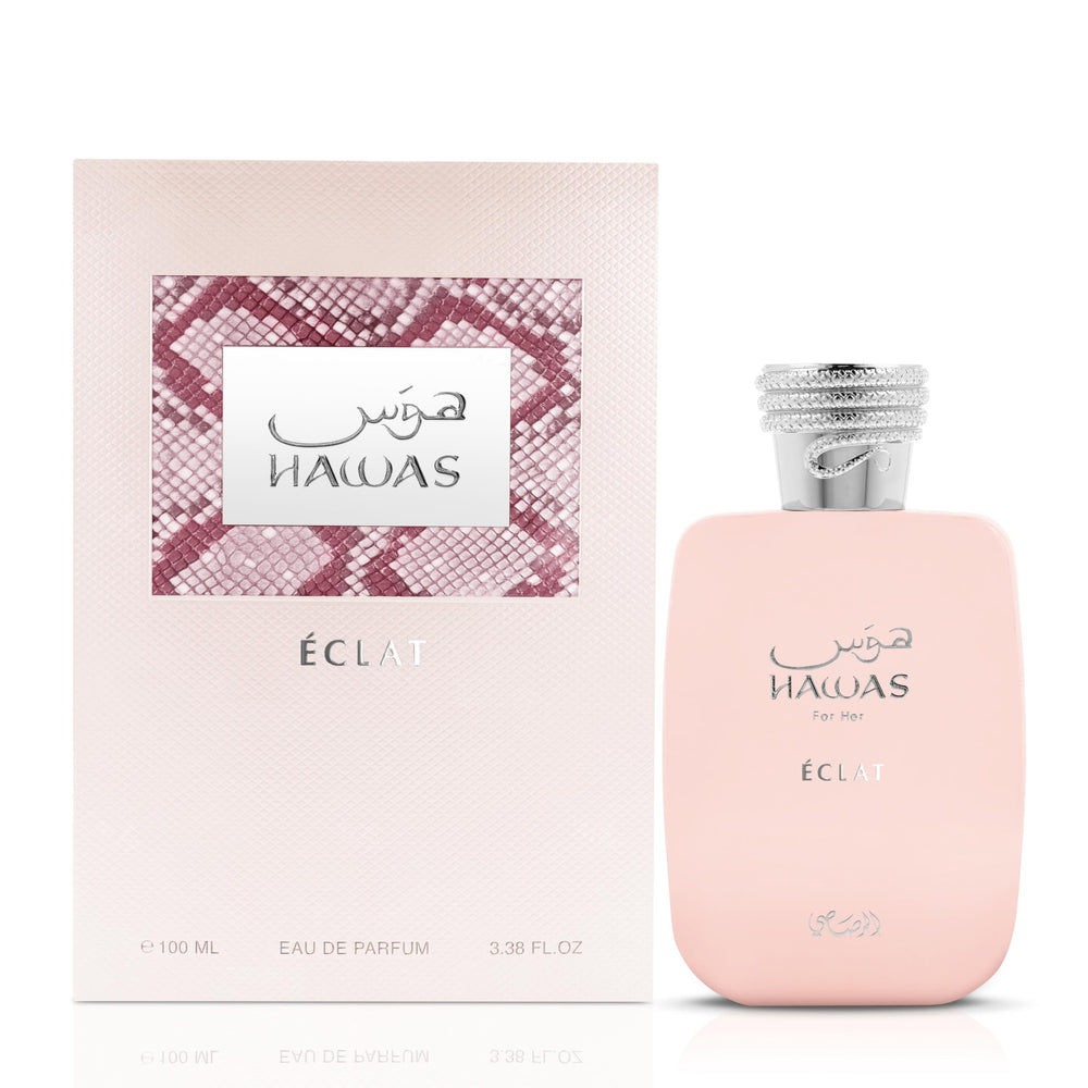 Rasasi Hawas Eclat para Mujer, frasco cristal-rosado, aroma duradero para todo el día.