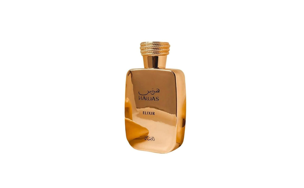 Rasasi Hawas Elixir primer plano del frasco con tapa elegante para hombres
