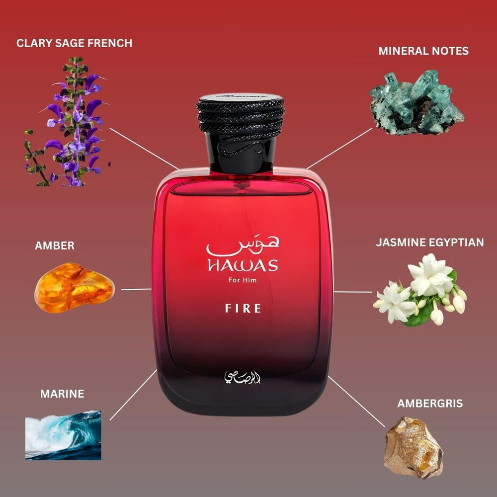 RASASI Hawas Fire, etiqueta visible, aroma moderno y elegante.
