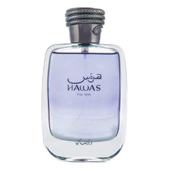 Rasasi Hawas para hombres, botella elegante y aroma duradero para ocasiones especiales.