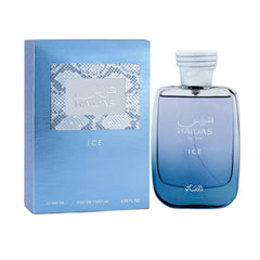 Rasasi Hawas Ice para hombre, frasco frontal, sensación fresca y duradera.