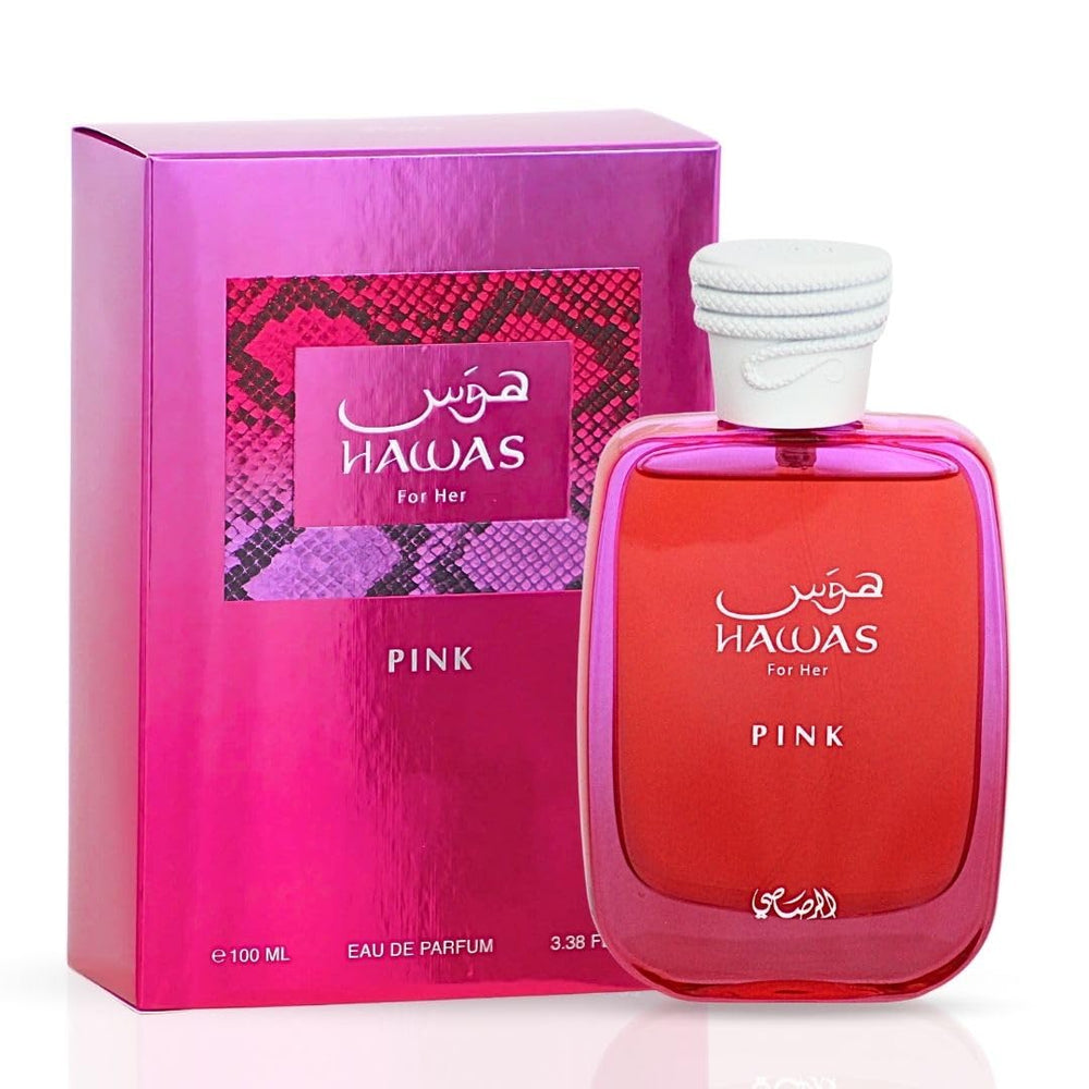 Rasasi Hawas Pink para mujer, botella frontal, elegancia duradera en cada rociada