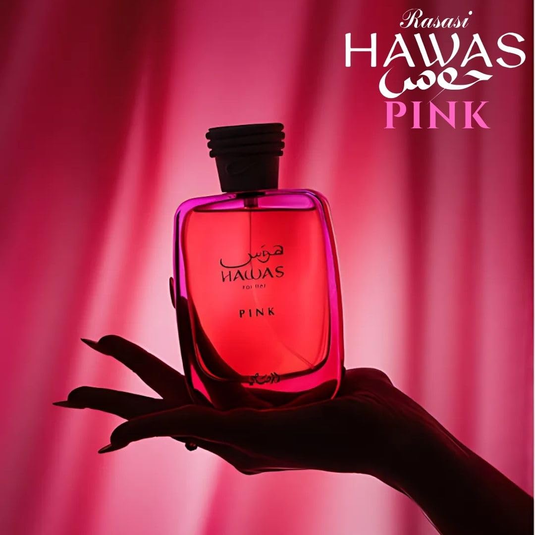 Rasasi Hawas Pink, corazón de naranja y tuberaosa con toque suave de malvavisco