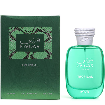 Rasasi Hawas Tropical, etiqueta y caja, aroma versátil para salidas diurnas