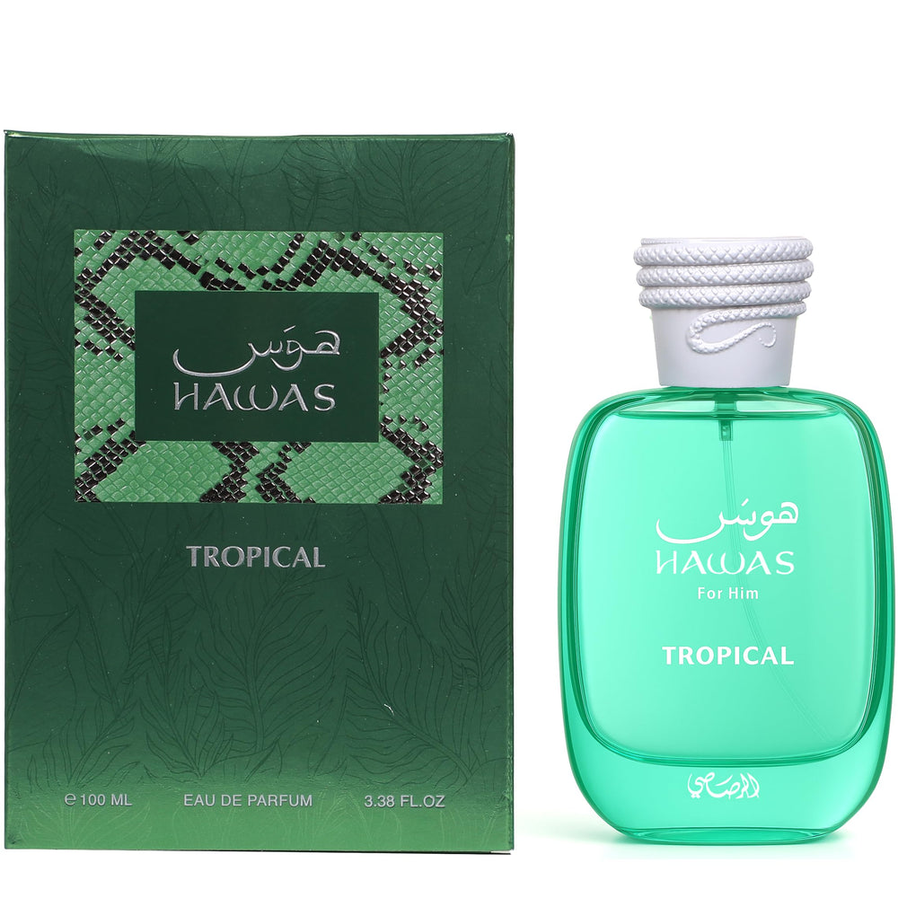 Rasasi Hawas Tropical, etiqueta y caja, aroma versátil para salidas diurnas