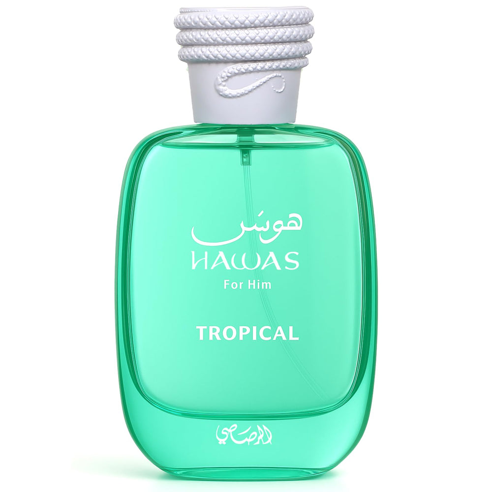 Rasasi Hawas Tropical en frasco, aroma fresco para uso diario y confianza