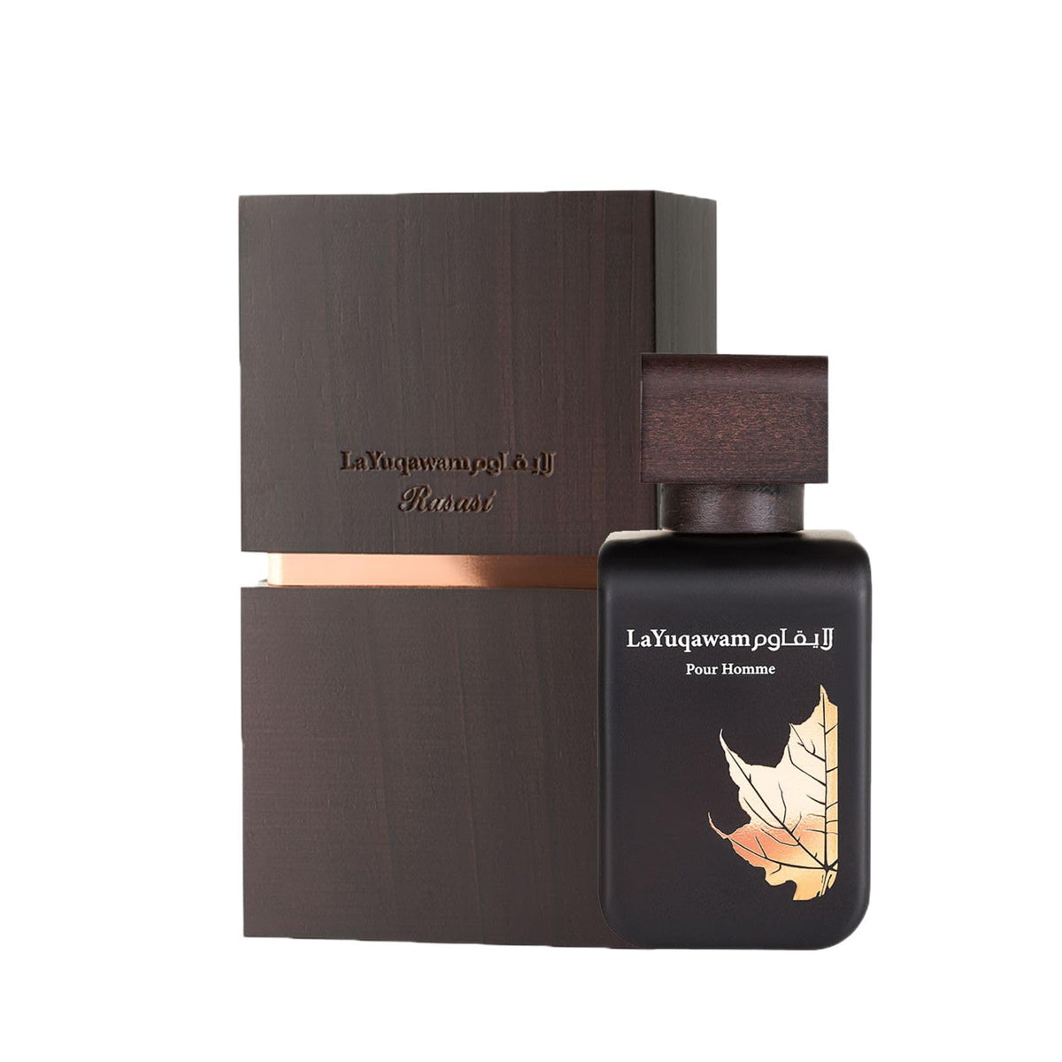 Rasasi La Yuqawam Frontal botella: presencia elegante para noche y día.
