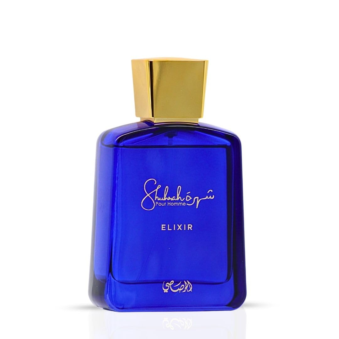 Rasasi Shuhrah Elixir Pour Homme, diseño del frasco que comunica lujo y presencia.