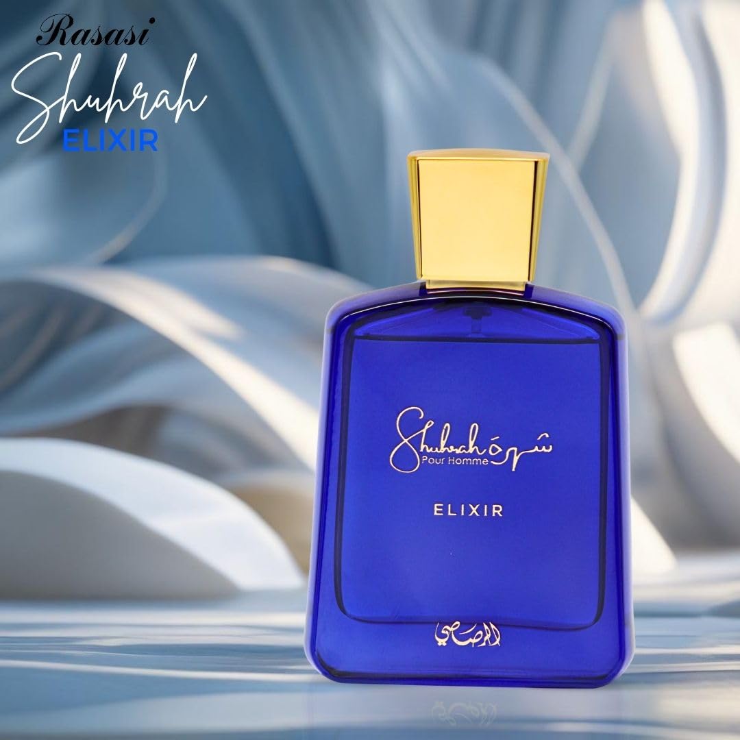 Rasasi Shuhrah Elixir Pour Homme, empaque y aroma que elevan la experiencia de regalo.