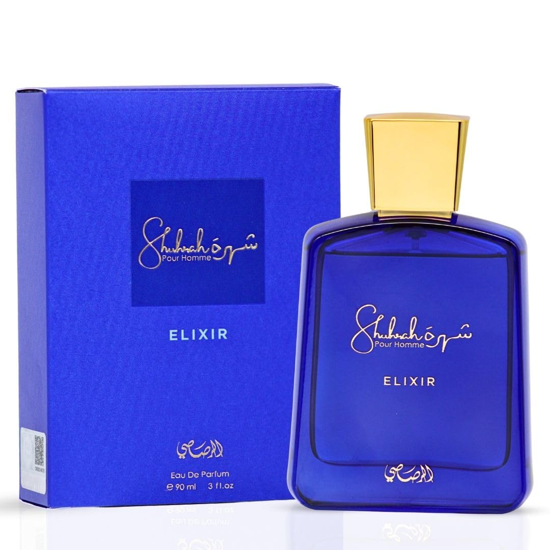 Rasasi Shuhrah Elixir Pour Homme, frasco pulso, aroma intenso y duradero para el día.