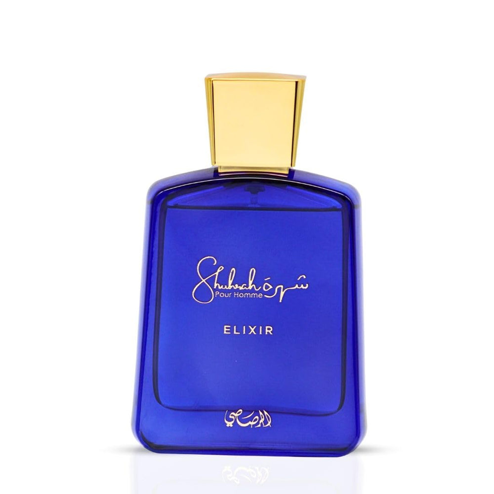 Rasasi Shuhrah Elixir Pour Homme, notas de salida vibrantes para energizar temprano.