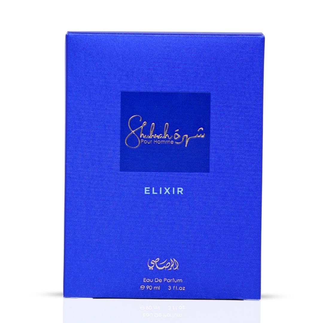 Rasasi Shuhrah Elixir Pour Homme, silueta de botella que inspira presencia en reuniones.