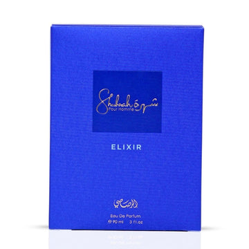 Rasasi Shuhrah Elixir Pour Homme, silueta de botella que inspira presencia en reuniones.