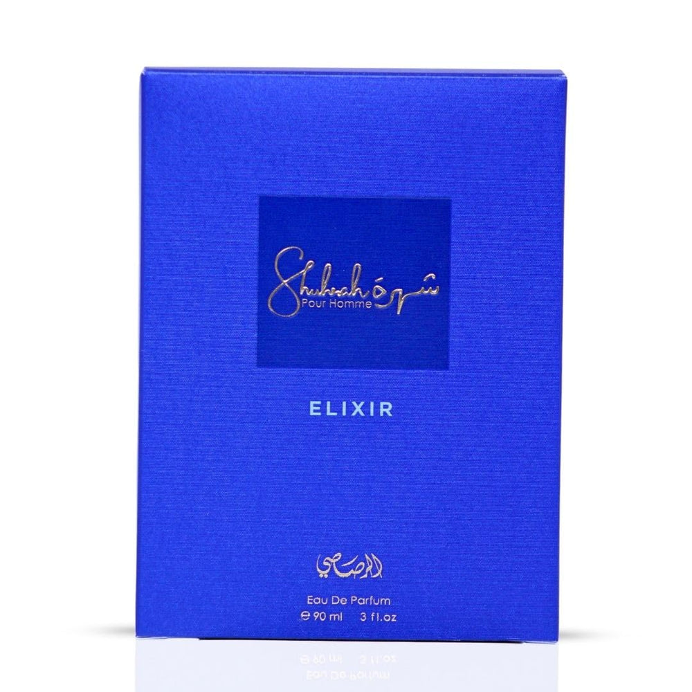 Rasasi Shuhrah Elixir Pour Homme, silueta de botella que inspira presencia en reuniones.