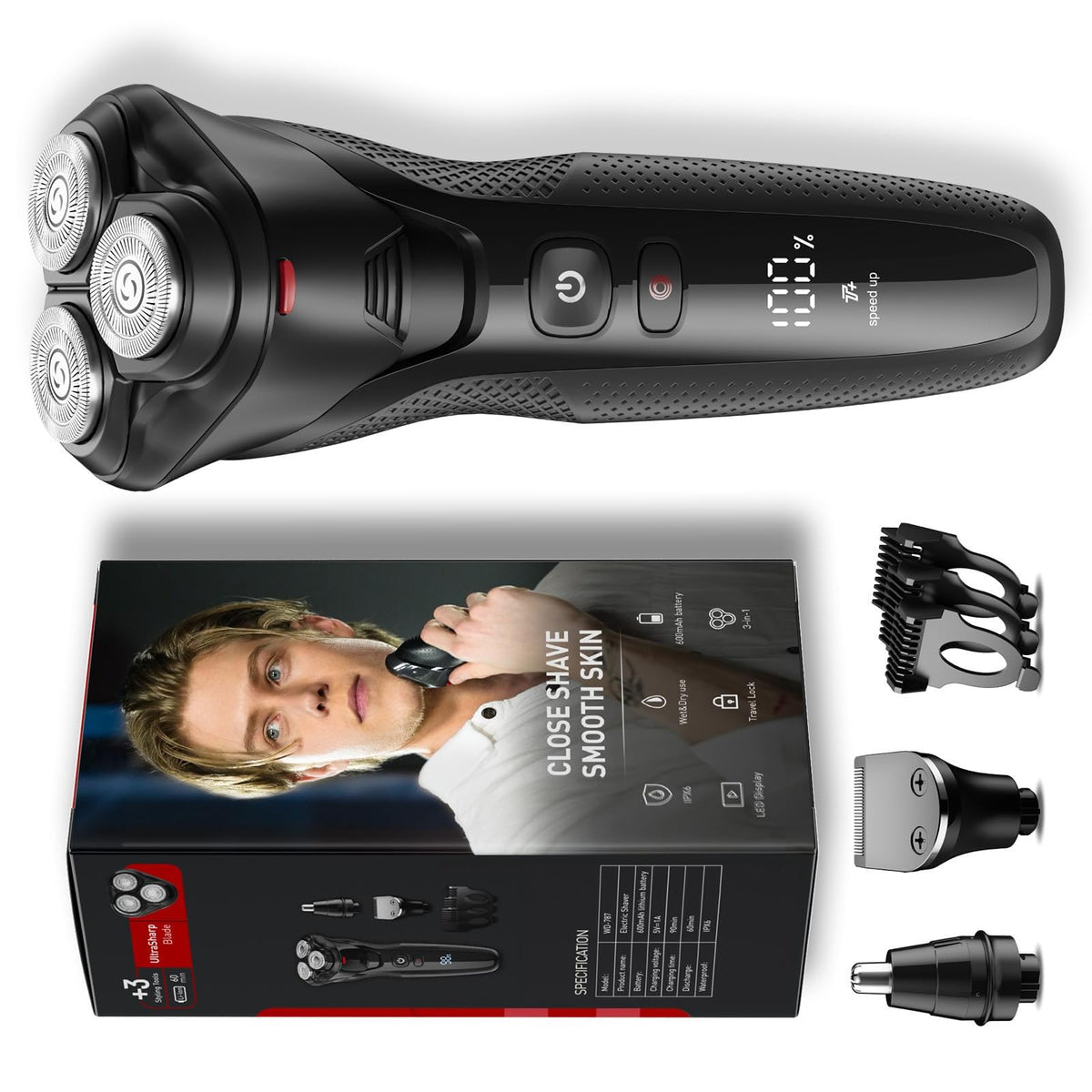 Rategist rasur eléctrica 3 en 1, para barba, nariz y patillas, uso seco o mojado.