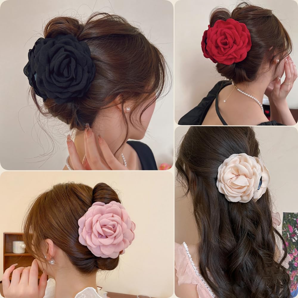 RAUIMOUR clip pelo flor de tela negro, ideal para sujetar coletas largas.