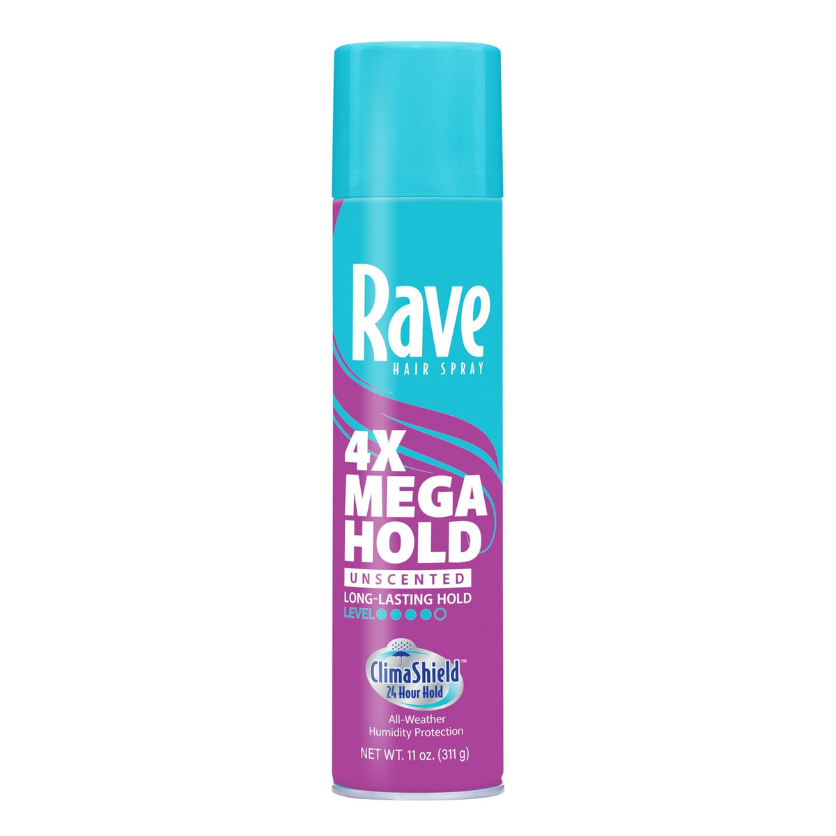 Rave 4X Mega Sin Fragancia, lata-atomizador, fijación de 24 horas y control del frizz