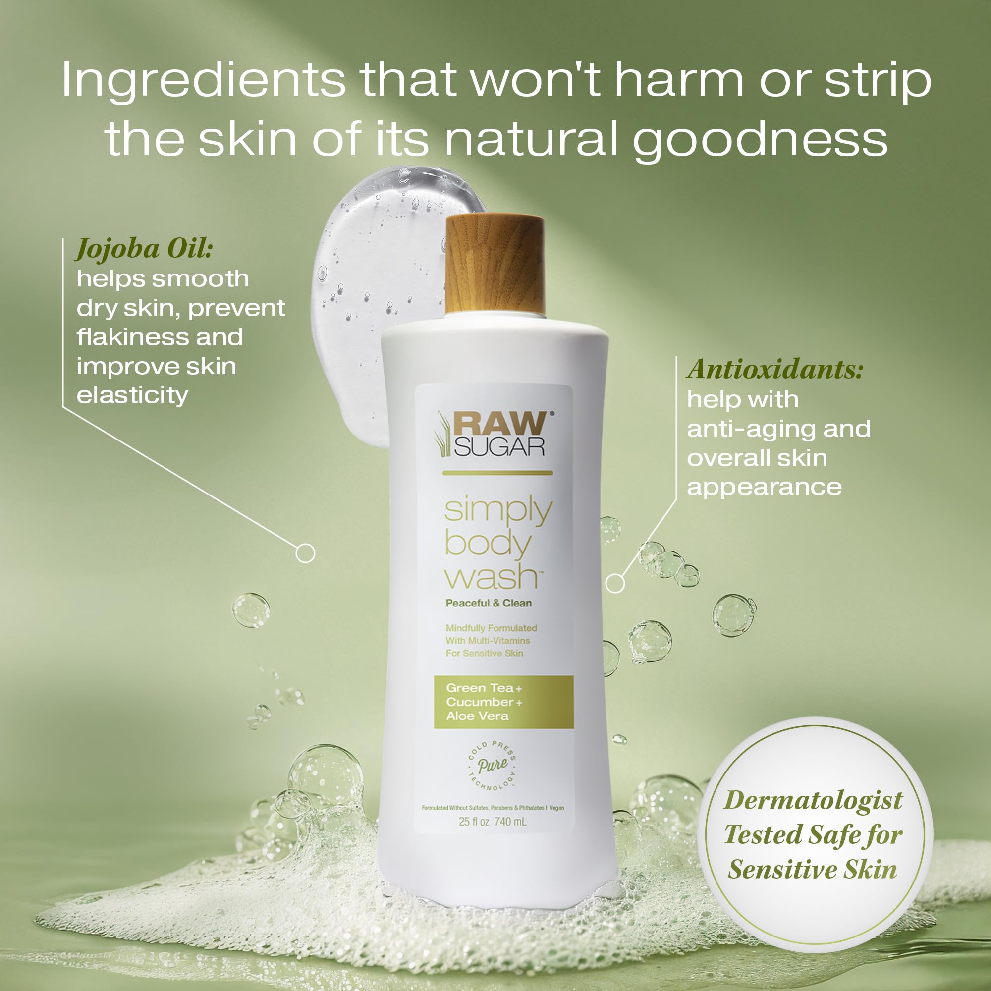RAW SUGAR gel de ducha con aroma fresco de te verde y aloe.