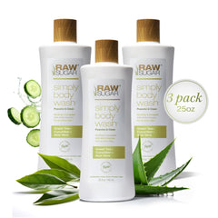 RAW SUGAR gel de ducha te verde aloe, botella visible y hidratacion suave.