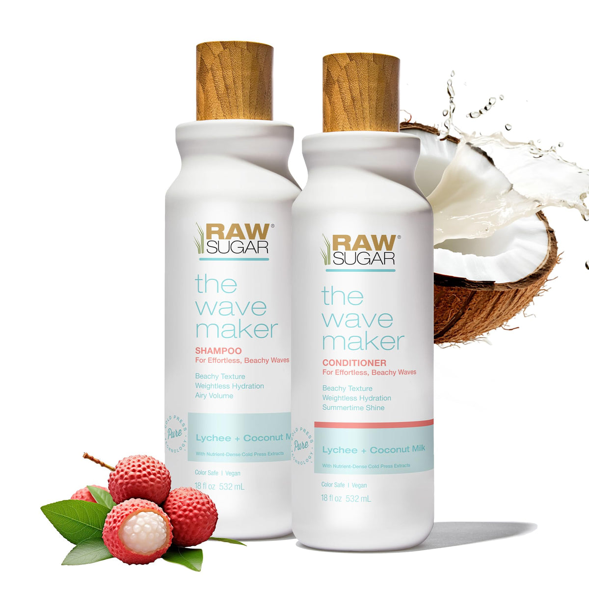 RAW SUGAR Wave Maker champú: botella con textura suave para ondas naturales.