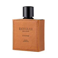 Rayhaan Corium bottle highlights wood and leather base for lasting sophistication.