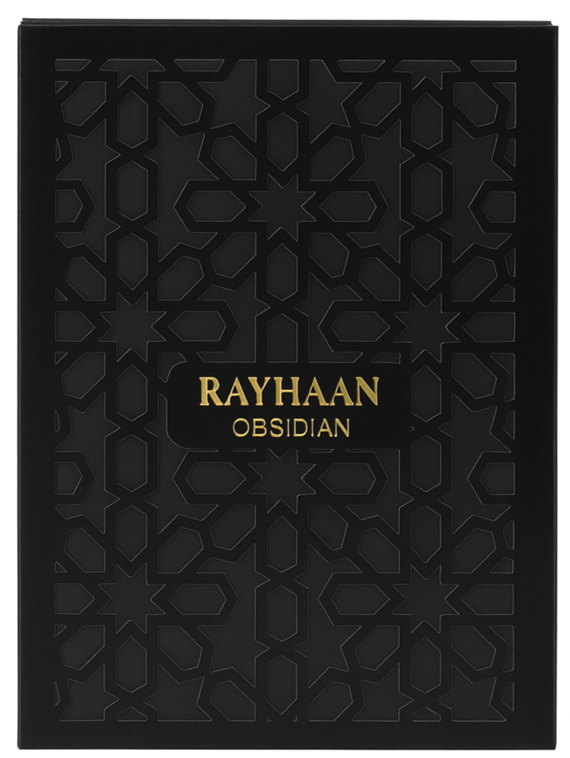 Rayhaan Obsidian, cedro-sandalo-oud, base cálida ideal para climas fríos.