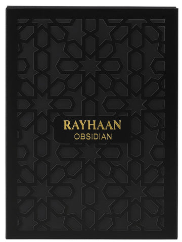 Rayhaan Obsidian, cedro-sandalo-oud, base cálida ideal para climas fríos.