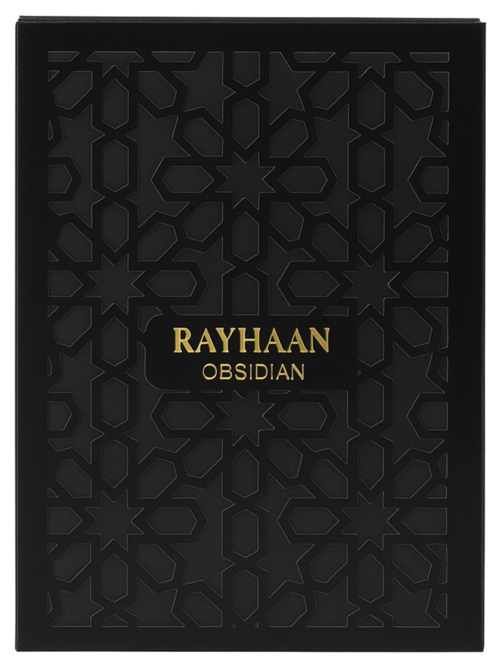 Rayhaan Obsidian, cedro-sandalo-oud, base cálida ideal para climas fríos.
