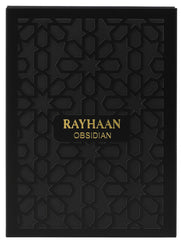 Rayhaan Obsidian, cedro-sandalo-oud, base cálida ideal para climas fríos.
