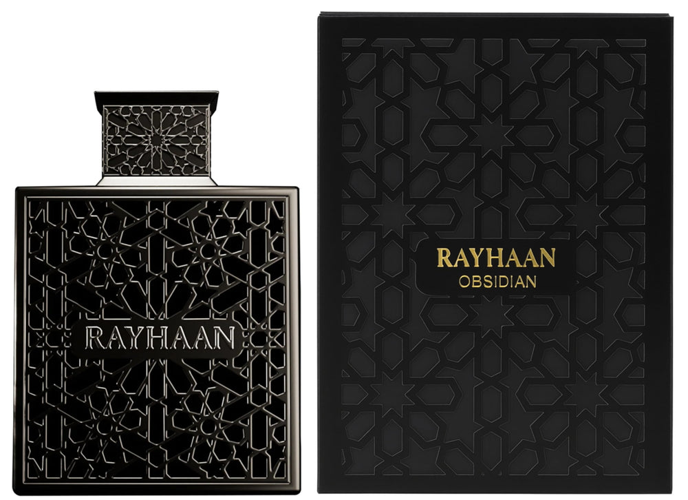 Rayhaan Obsidian, cuero-suedado-floral, aroma sofisticado para noches memorables.