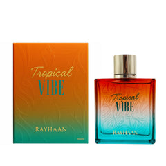 Rayhaan Tropical Vibe base de ámbar, sándalo y almizcle para una estela cálida.