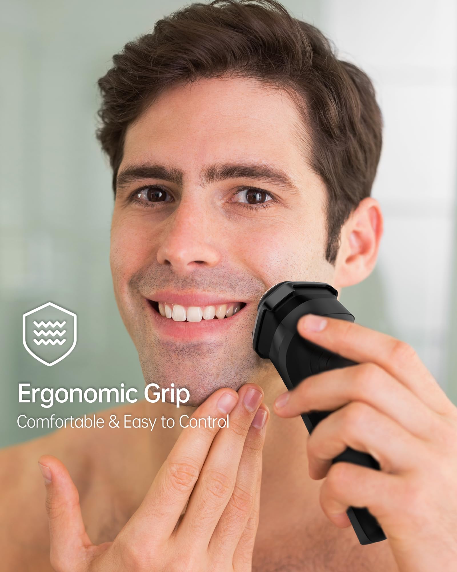 RAYI, agarre ergonómico antideslizante para usar con una mano y en seco o húmedo.