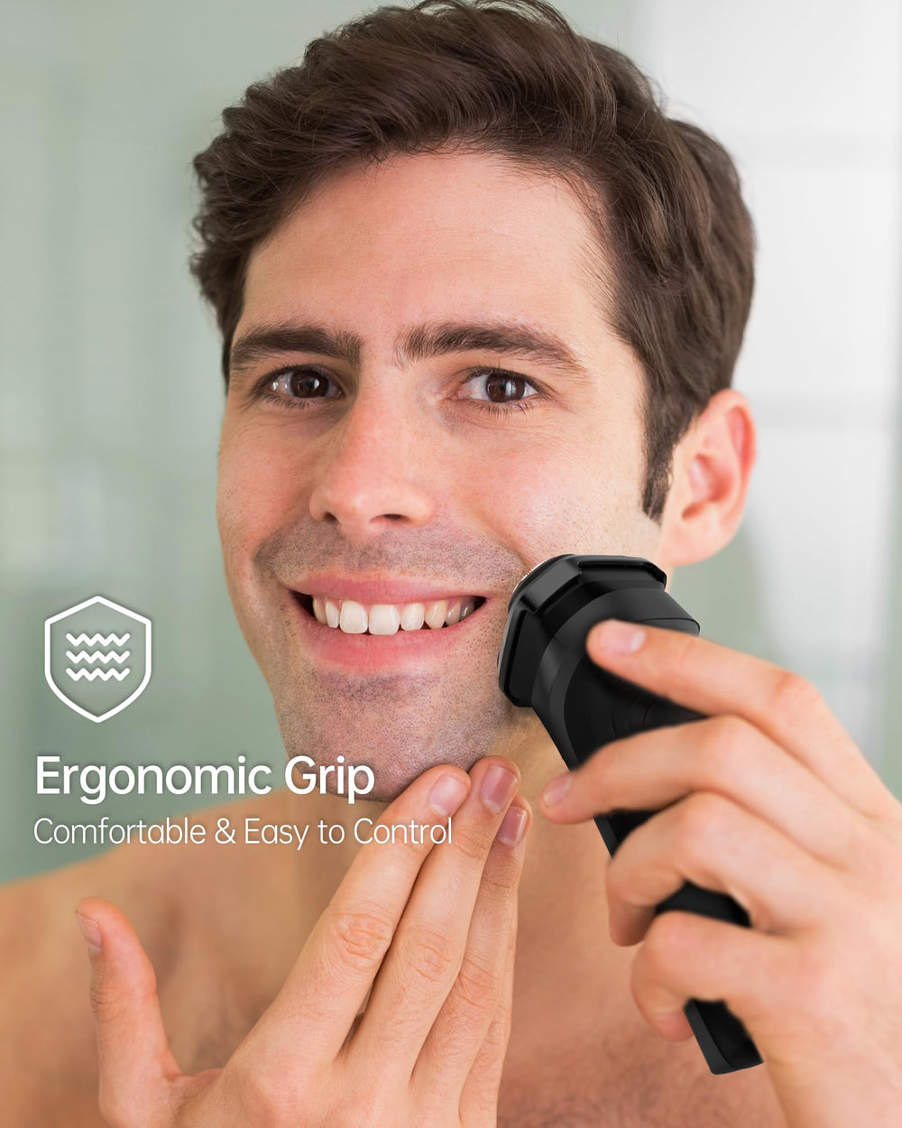 RAYI, agarre ergonómico antideslizante para usar con una mano y en seco o húmedo.