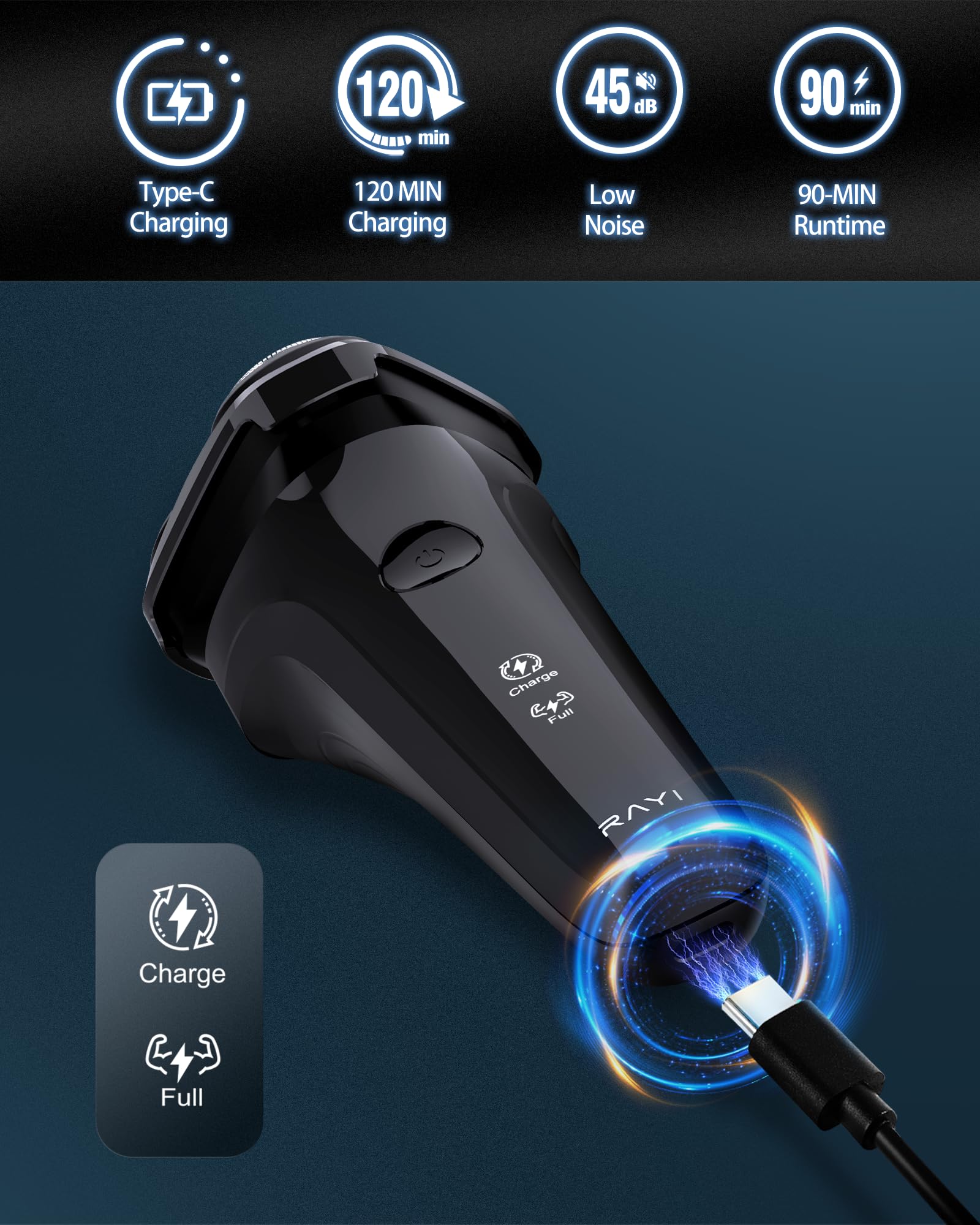 RAYI, carga rápida USB-C, lista para usar tras dos horas de carga.