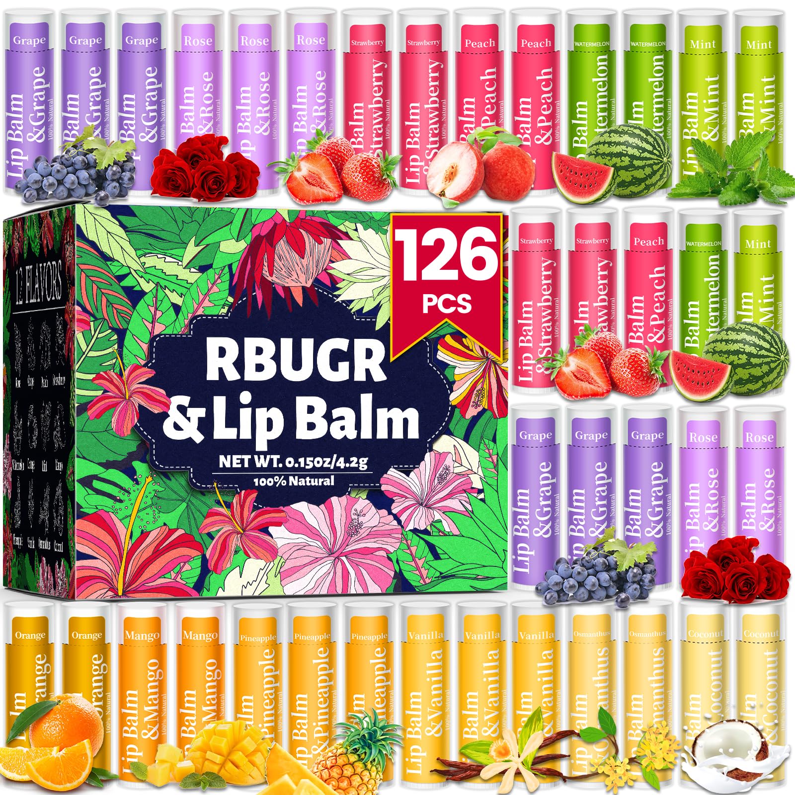 Bálsamo labial RBUGR pack 12 sabores para hidratación diaria y sabor agradable.