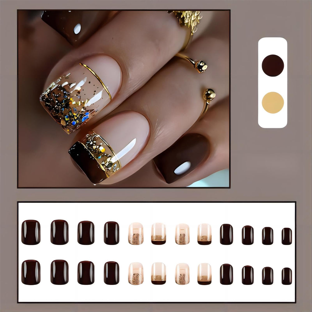 Uñas Rchovsam en corte cuadrado con brillo dorado para ocasiones.