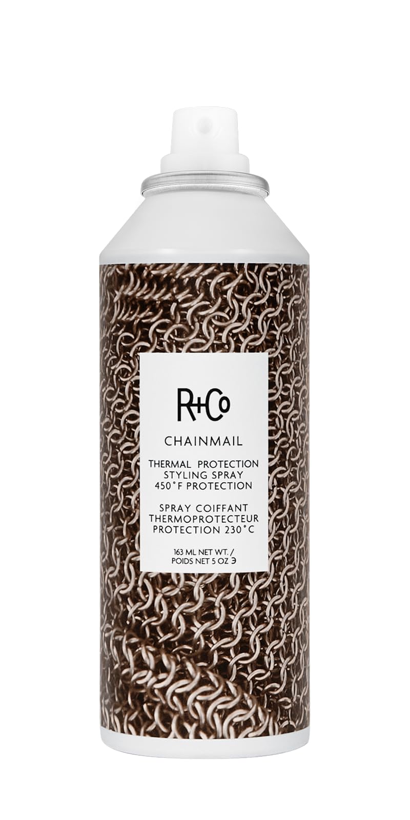R+Co Chainmail botella de proteccion calor para peinados seguros.