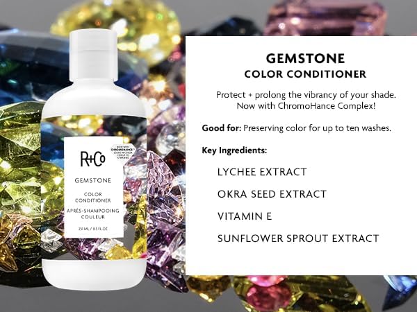La botella de Gemstone Color Conditioner protege y prolonga el color.