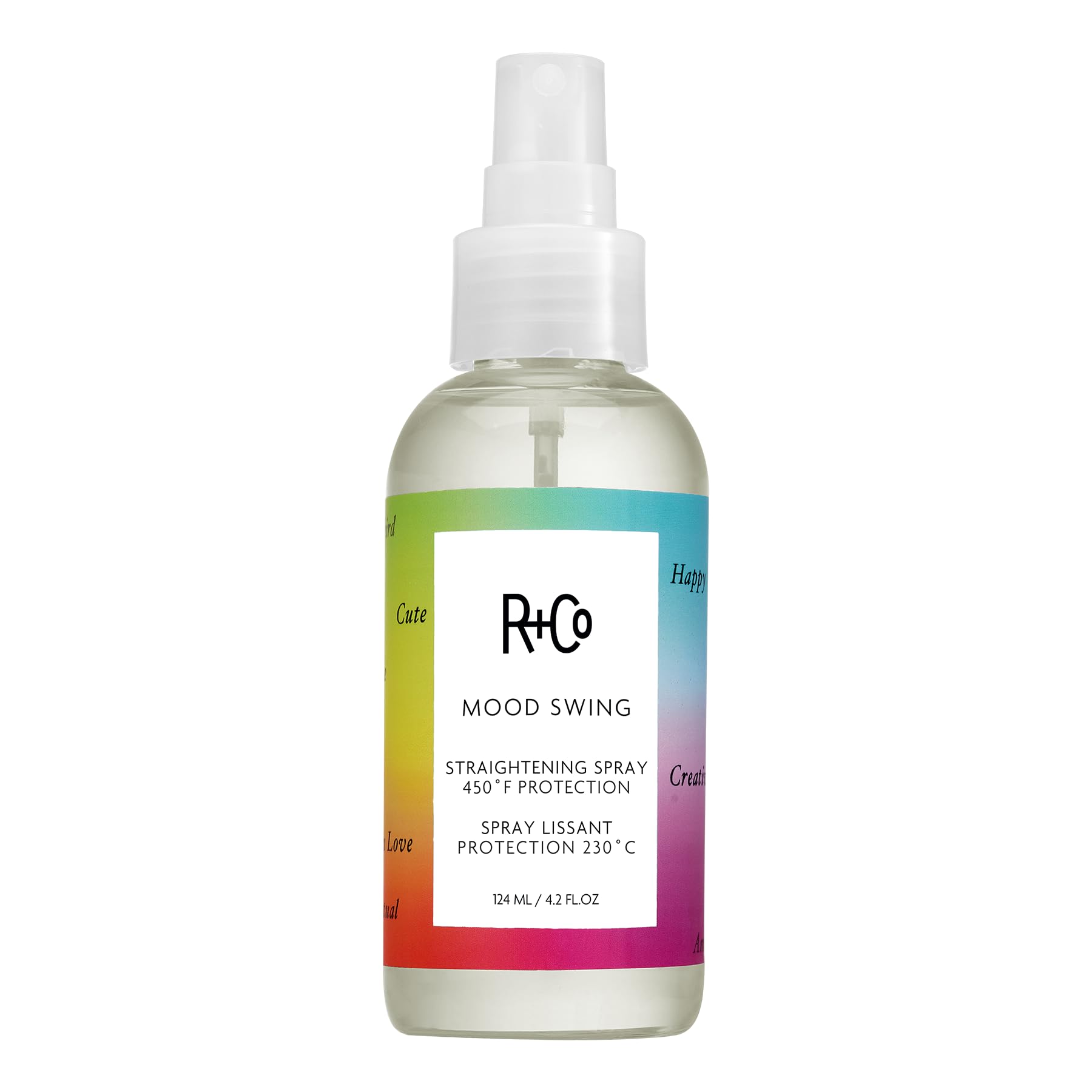 R+Co Mood Swing alisador frasco, diseño premium que sugiere brillo.