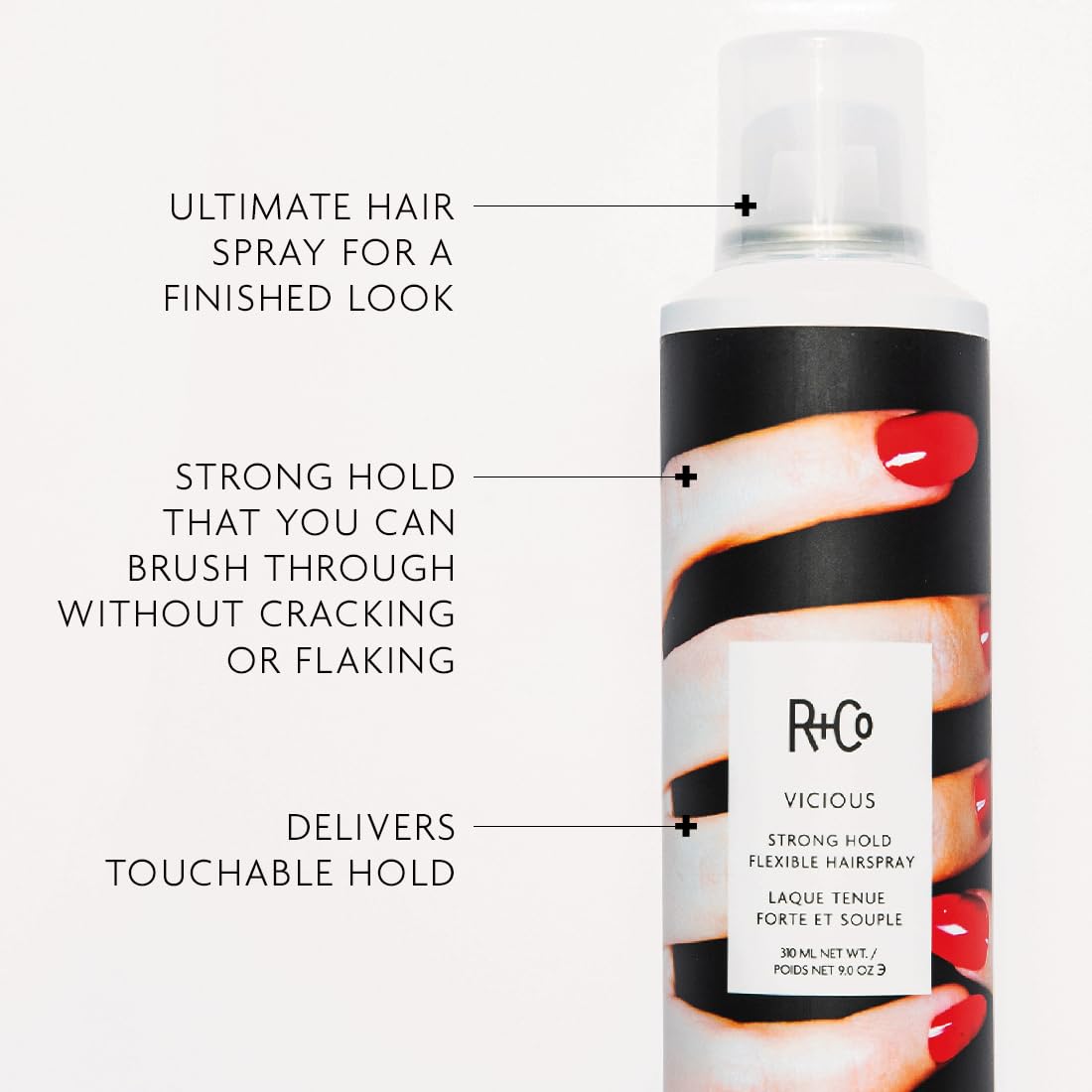R+Co VICIOUS atomizador para peinados, aplicación suave y control.